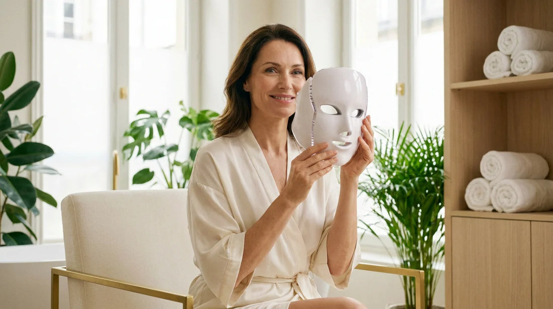 Femme dans un spa élégant tenant un masque LED anti-âge visage
