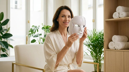 Femme dans un spa élégant tenant un masque LED anti-âge visage