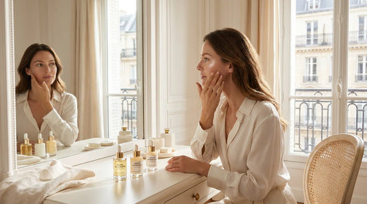 Femme appliquant un sérum anti-rides devant sa coiffeuse dans une ambiance luxueuse et lumineuse