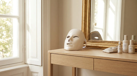 Masque LED pour le visage posé sur une coiffeuse élégante dans une ambiance lumineuse et premium