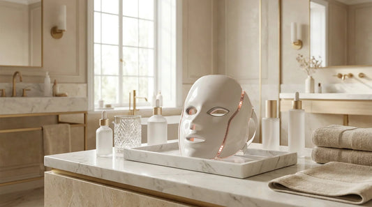 Masque LED rouge posé dans une salle de bain luxueuse aux tons beige et doré