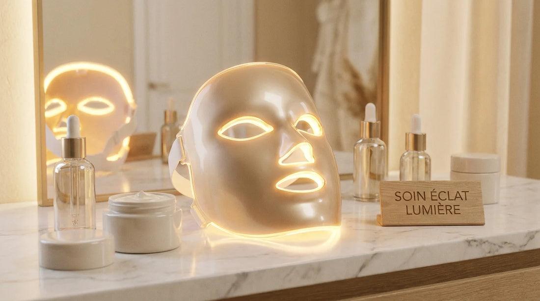 Masque LED visage anti-rides posé sur une coiffeuse élégante avec soins beauté