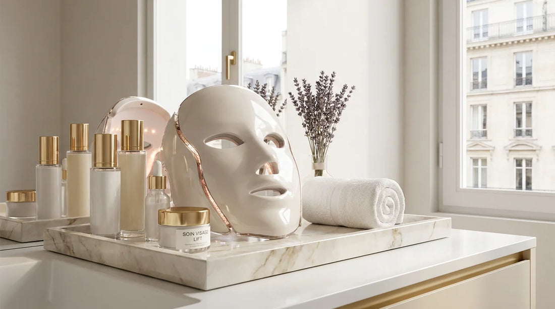 Masque LED anti-rides posé sur un plateau en marbre dans une salle de bain luxueuse aux tons blanc et doré