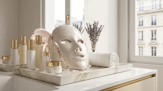 Masque LED anti-rides posé sur un plateau en marbre dans une salle de bain luxueuse aux tons blanc et doré