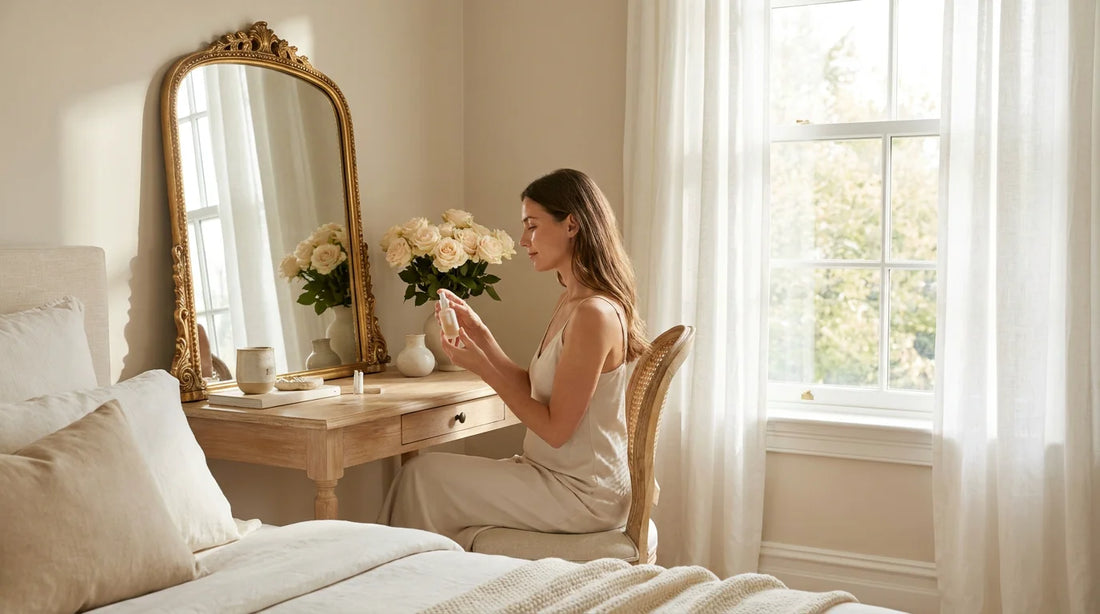 Femme devant sa coiffeuse appliquant un sérum visage dans une ambiance lumineuse et élégante