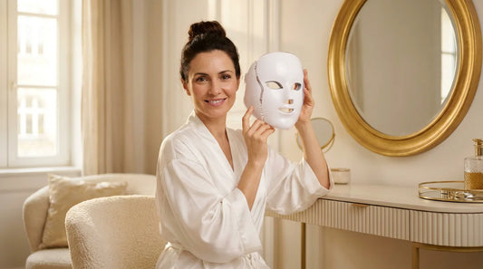Femme élégante tenant un masque LED visage devant sa coiffeuse dans une chambre lumineuse