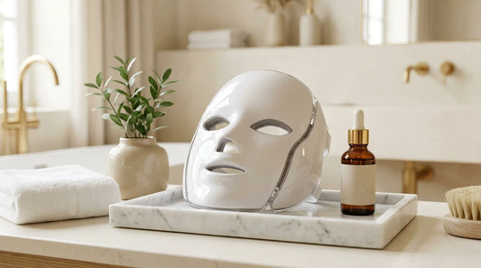 Masque LED rajeunissant pour le visage dans un décor spa luxueux et épuré