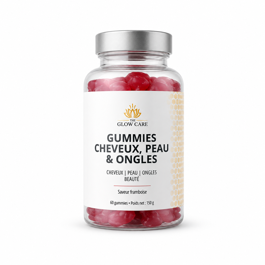 Gummies Cheveux, Peau & Ongles The Glow Care – Biotine, Zinc, Vitamines A, C, D, E & B – Saveur Framboise – 60 Gummies