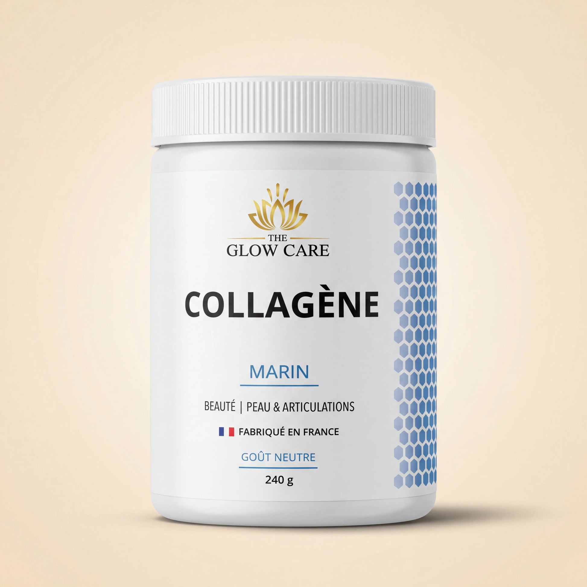 Pot Collagène Marin 240g · étiquette officielle THE GLOW CARE