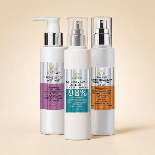 Pack Glow Essentials - Sérum Anti-Âge, Crème Anti-Âge, Dermalight SPF 50+ - Routine anti-âge GLOW CARE Swiss Formula